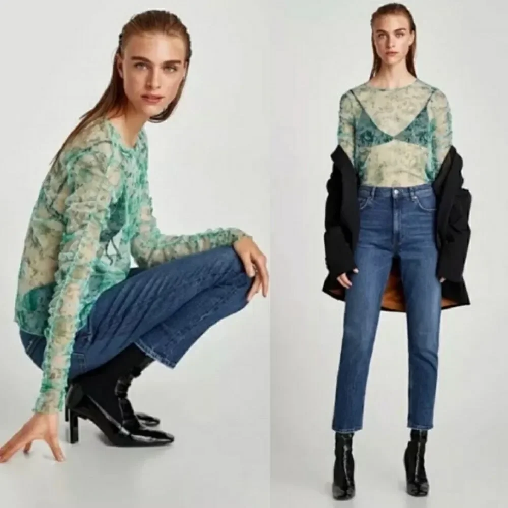 NWT Zara Green Floral Sheer Tulle Mesh Top Sz S